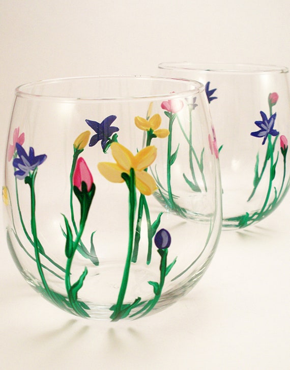 Wild Flowers hand painted stemless wine glasses set by RaeSmith