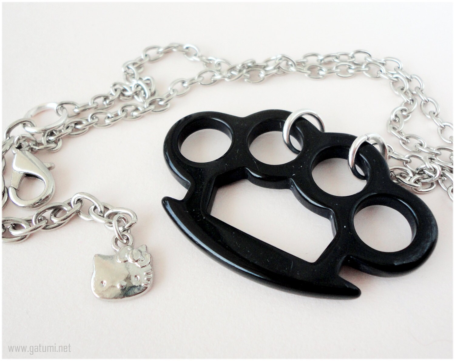 Brass Knuckle Necklace Black Acrylic Pendant Silver Tone by gatumi