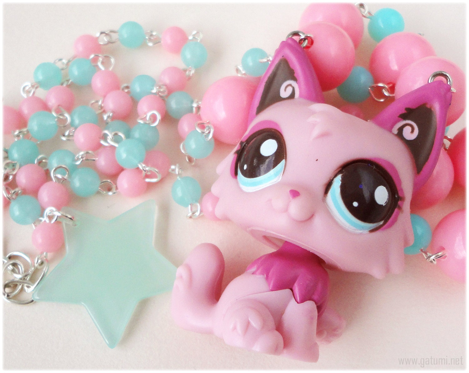 Pink Cat Necklace Beaded Pink and Teal Chain with Upcycled