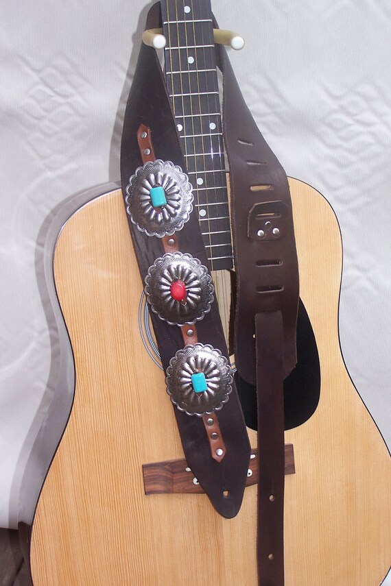 Beautiful Brown Leather Guitar Strap real Turquoise and Red