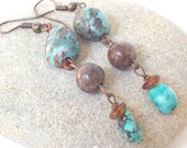 Turquoise Delight Earrings with Mahogany Obsidian and Amber Free Shipping Jewelry-Earrings Beadwork Dangle