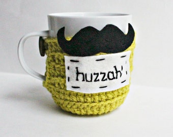 Huzzah Mustache funny coffee mug cozy tea cup chartreuse white black crochet handmade cover