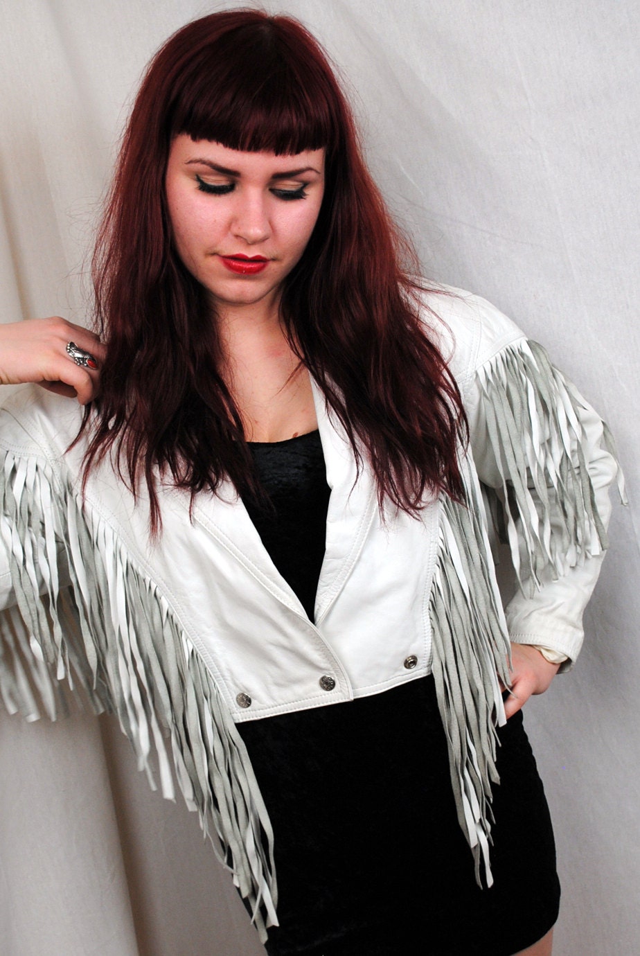 Vintage 80s White Leather Fringe Rocker Jacket