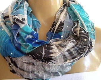 Blue sparkly infinity scarf-Shades of Bora Bora ruffled infinity scarf Flamenco Necklace scarf Slightly sequined cowl, circle loop scarf