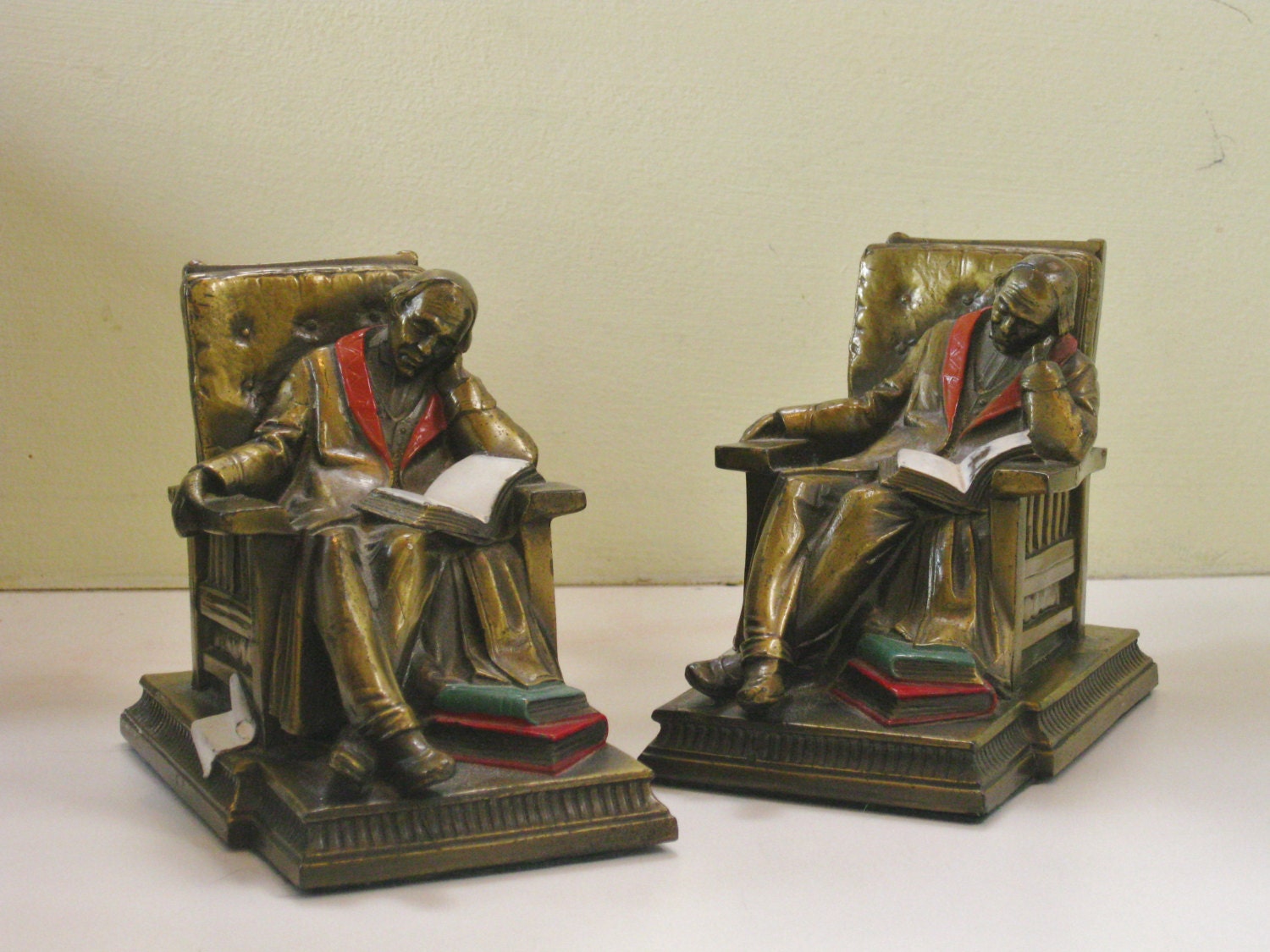 Antique K & O Co. Bookends Polychrome Bronze Man Sleeping in