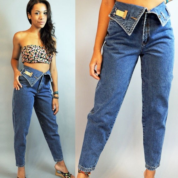 vintage 80s high waisted jeans / FOLDOVER JEANS / womens