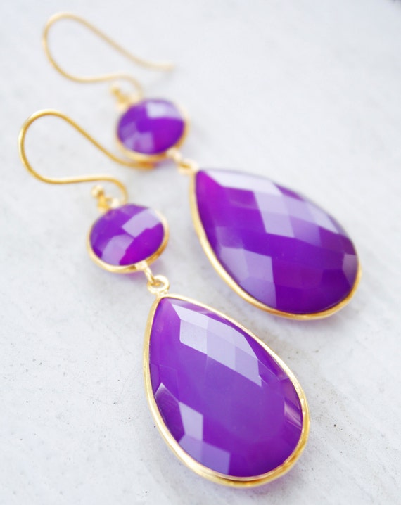 Gold Purple Chalcedony Earrings Glamourous Hollywood