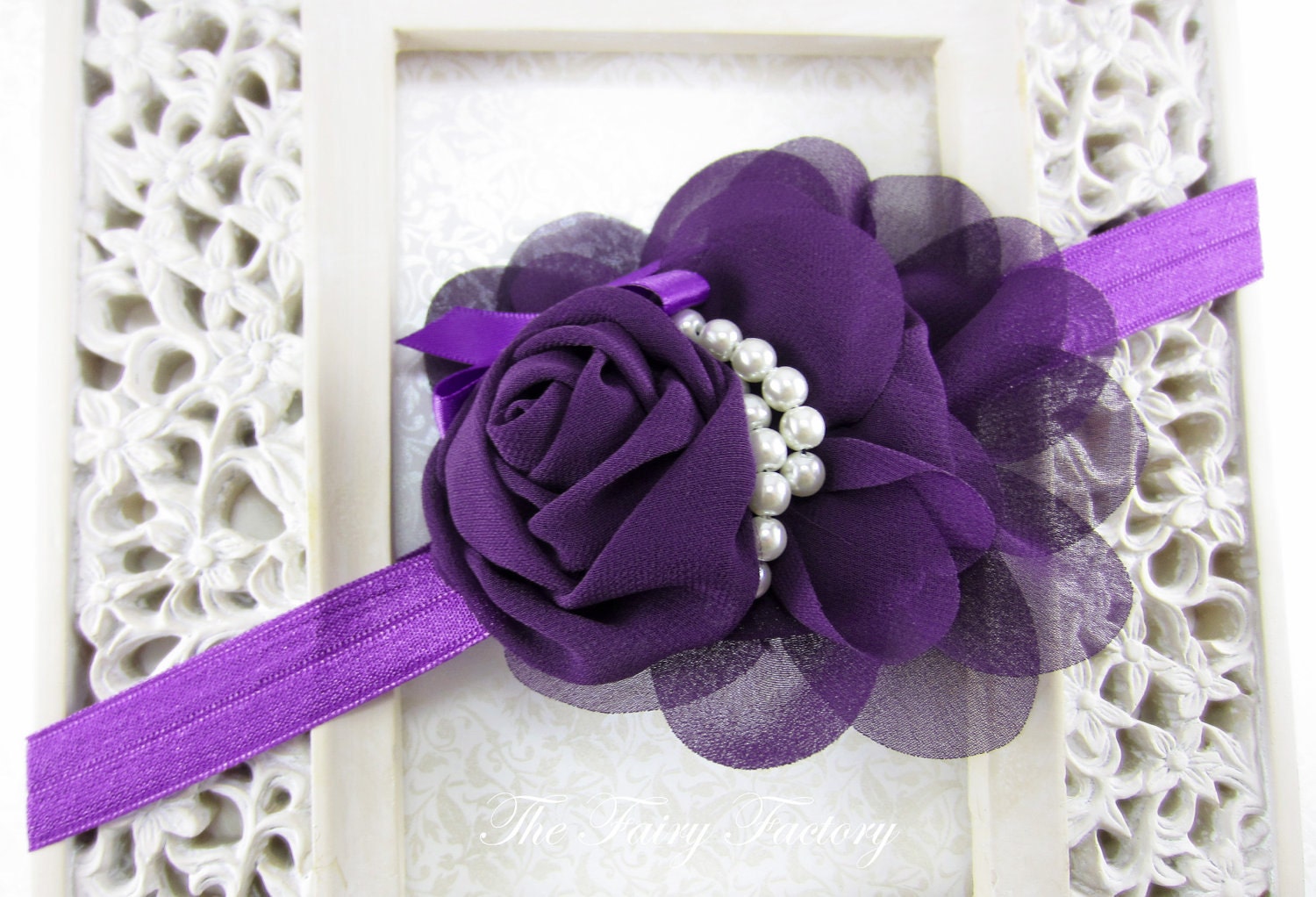 Purple Flower Headband Eggplant Chiffon Rose Flower w/ Pearls