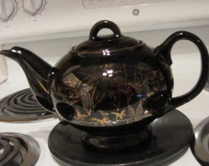 Grantcrest Rockingham Black Hand Painted Gold Bamboo Pearlized Tea Pot, Bamboo Teapot, Mid Century Display Teapot, Teapot Planter