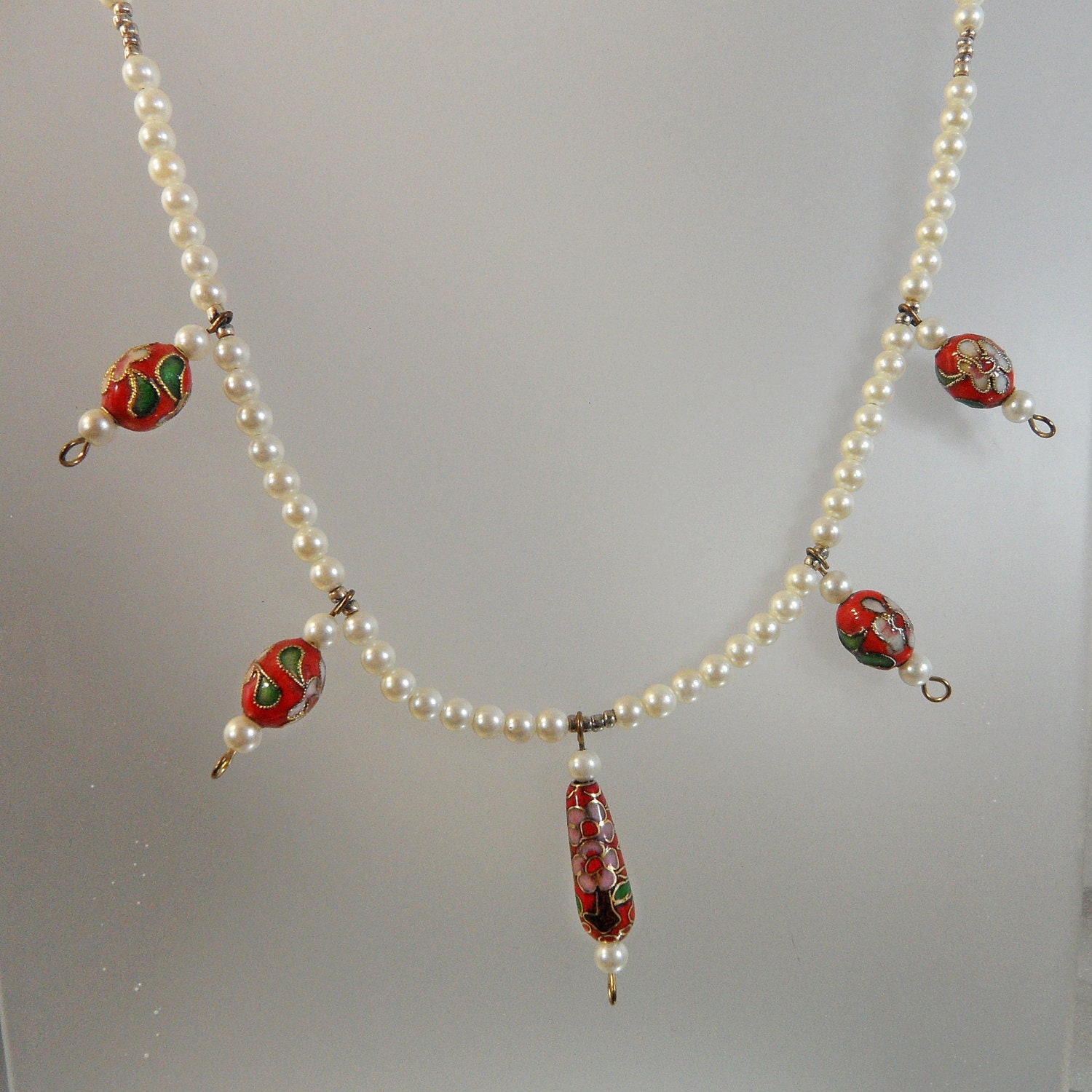 Vintage Cloisonne Necklace. Glass Pearls. Red Cloisonne by waalaa