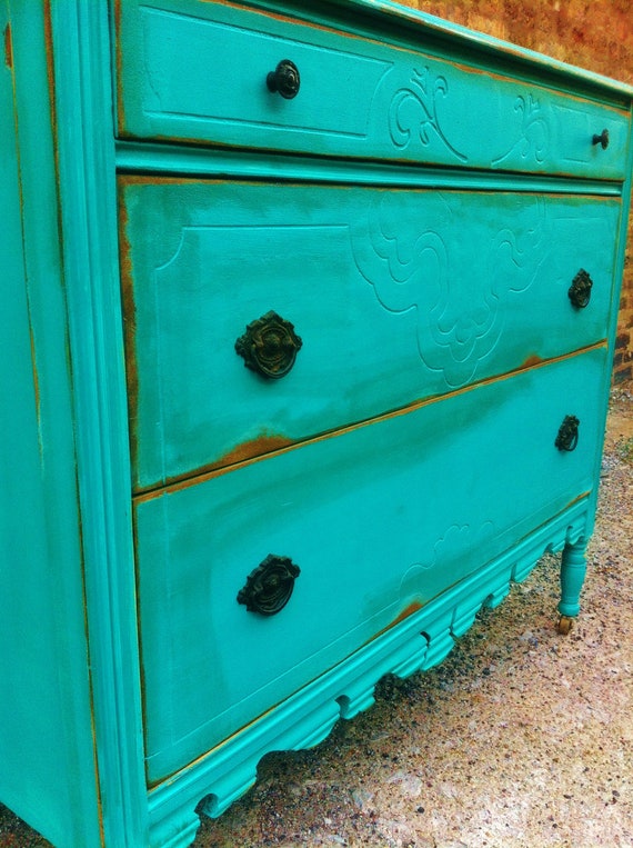 Antique Distressed Dresser In Turquoise