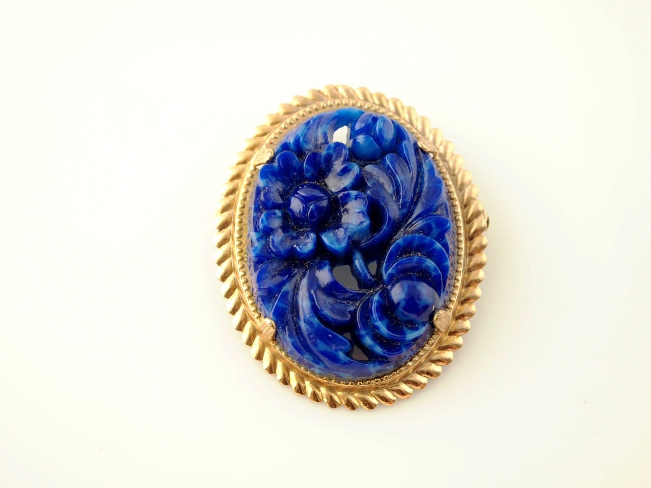 Carved Glass Brooch Vintage