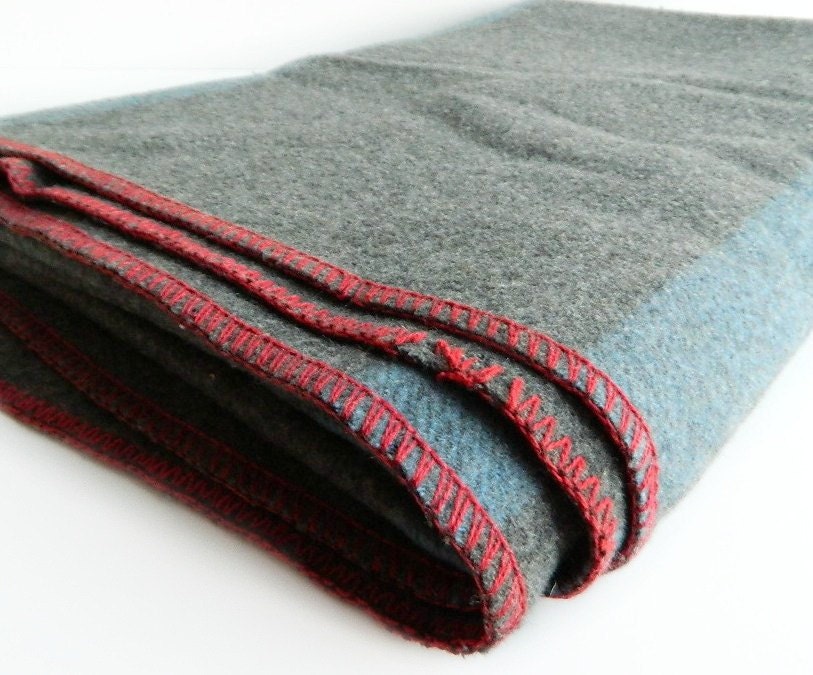 Vintage Heavy Gray Wool Camp Blanket Black Red by ...