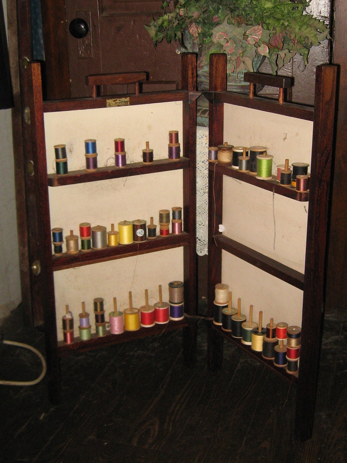 antique oak wood Sew Tidy sewing notion folding caddy