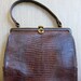1950s Kelly Handbag Dk Brown Tegu Lizard Plush Beige Leather Interior Wonderful Vintage Condition