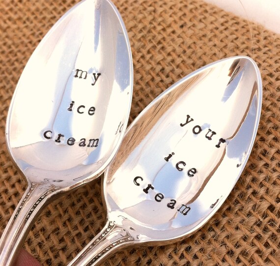 Hand Stamped Vintage Silverplate Ice Cream Spoons - my ice cream and your ice cream spoons Blithe Vintage Etsy