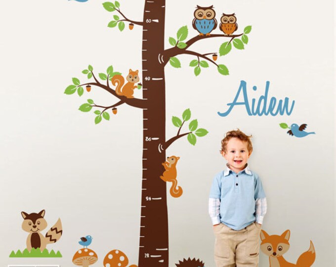 Woodland Animals Personalized Growth Chart Nursery Wall Decal, Forest Animals Tree Baby Room Decor Fox Owls Raccoon Squirrels, Growth Chart