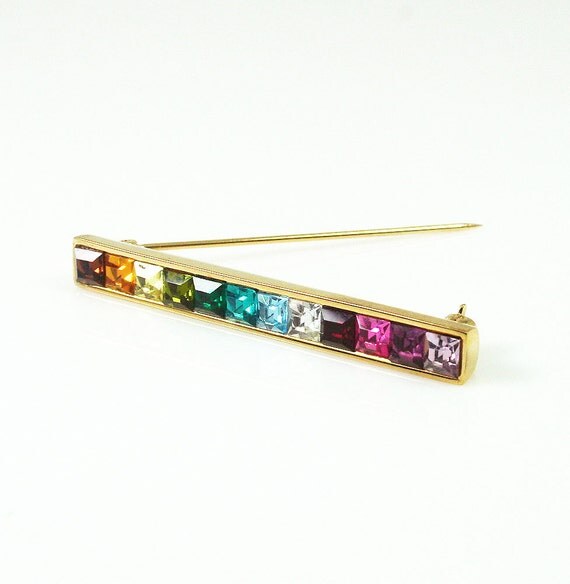 Vintage Givenchy Multi Color Rainbow Rhinestone Bar Pin