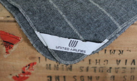 vintage united airline grey wool blanket with white pinstripes