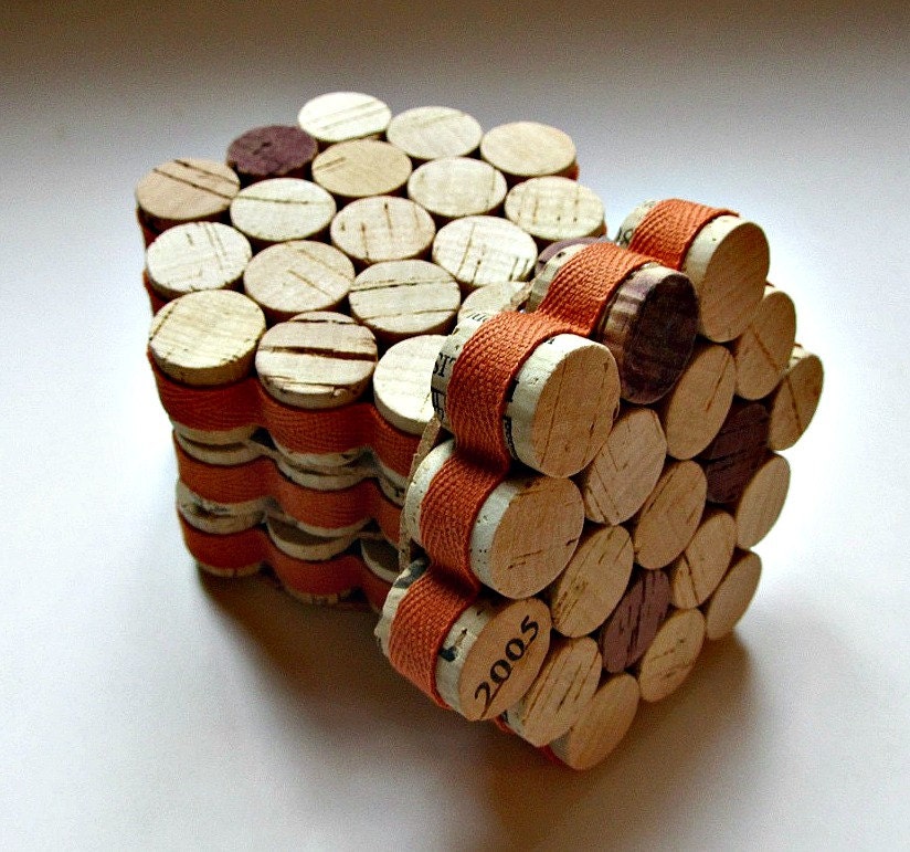 Wine Cork Coasters with Orange Ribbon Set Of Four