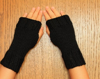 Hand Knit Fingerless Mittens/Texting Gloves - Black Wrist Warmers- One Size Fits All
