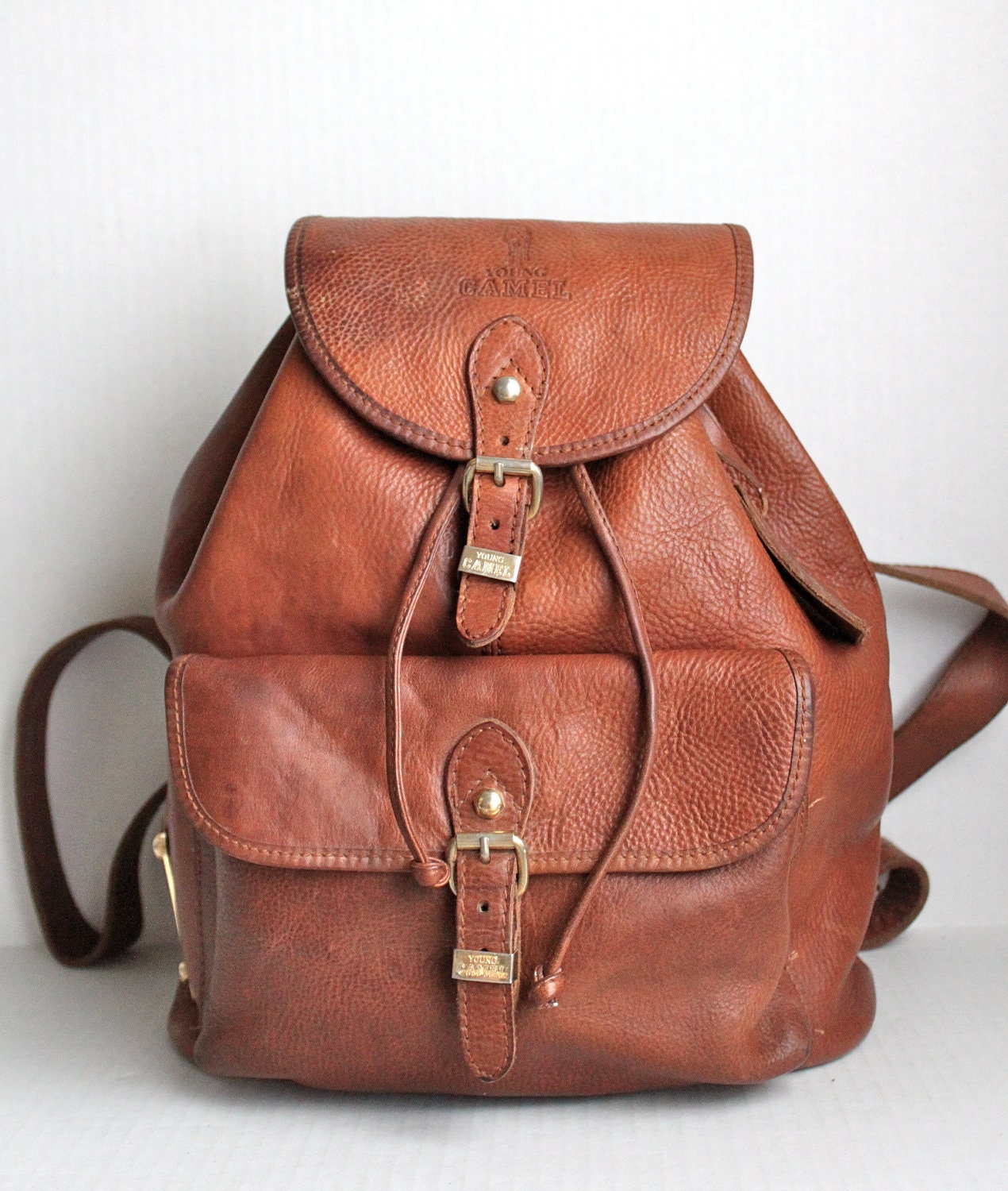 vintage Italian leather xl YOUNG CAMEL backpack // pebbled