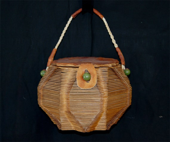 Vintage 1960s Folk Art Popsicle Stick Wood Basket Purse