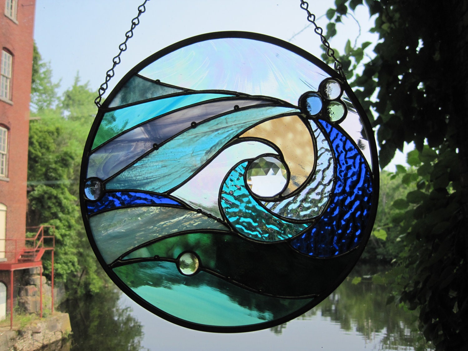 Ocean Wave Stained Glass Round Panel