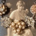 Vintage Champagne & Ivory Pearl and Rhinestone Bridal Silver Bracelet, Heirloom Cluster Earring OOAK Bracelet