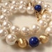NAPIER signed White Pearl, Brushed Gold and Cobalt Art Glass Necklace