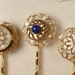 RESERVED Vintage White Milk Glass & Rhinestone Gold Bridal Bobby Pins - OOAK Gold Plated Heirloom Jeweled Hair Pins Set of 3