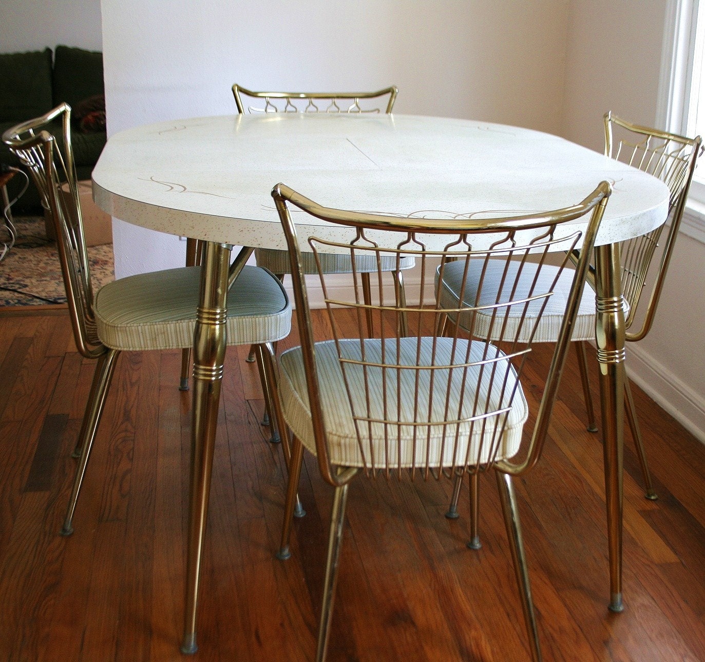 Mid Century Brass Formica Dinette Set 6 Chairs Table with