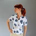 1980s White Navy Blouse. Graphic Print. Mad Men Fashion. Office Fashion. Summer Fashion. Fall Fashion. Size Large