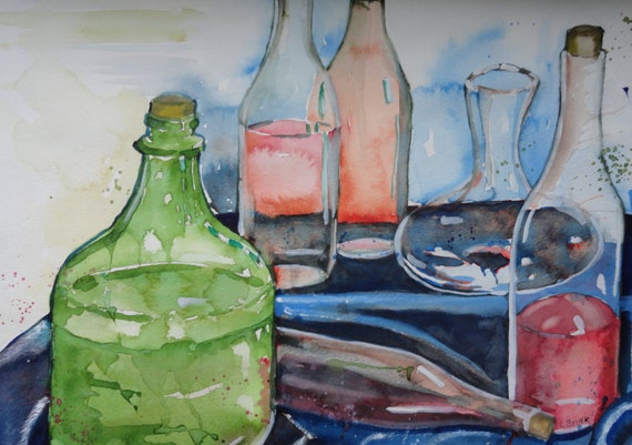 Items similar to watercolor painting wine bottles still life on Etsy