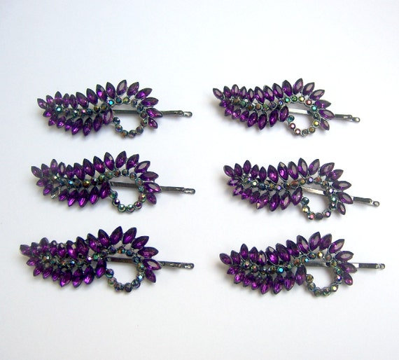 Vintage hair accessories 6 purple rhinestone hair clips