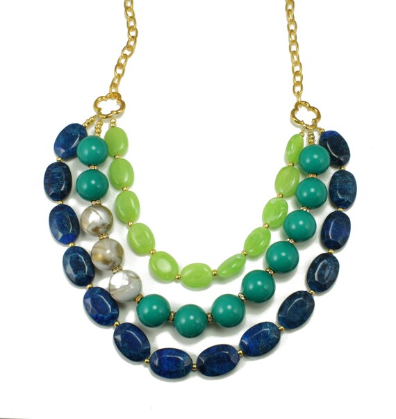 Items similar to Long Chunky Statement Necklace, Quatrefoil, Blue, Teal ...