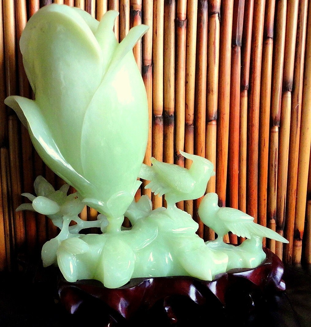Vintage Finely Carved Chinese Jade Sculpture of Phoenix Birds