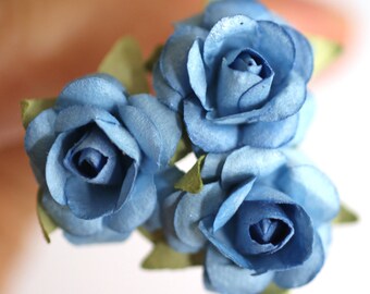 Blue Sky Rose, Bridal Hair Accessories, Bohemian Wedding Hair Flower, Something Blue Hair Flower, Brass Bobby Pins - Set of 3
