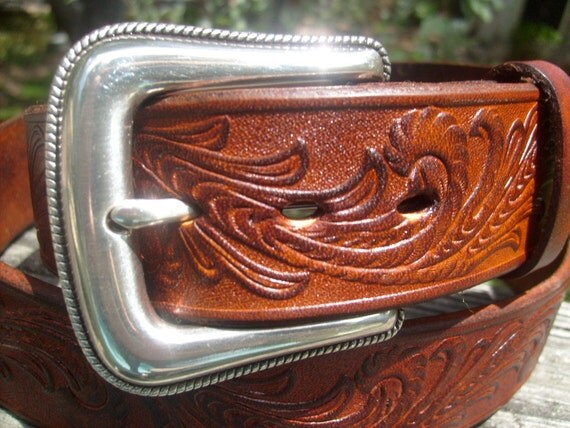 Western Embossed Leather Belt in rich Tan Tones w/ Siver Rope