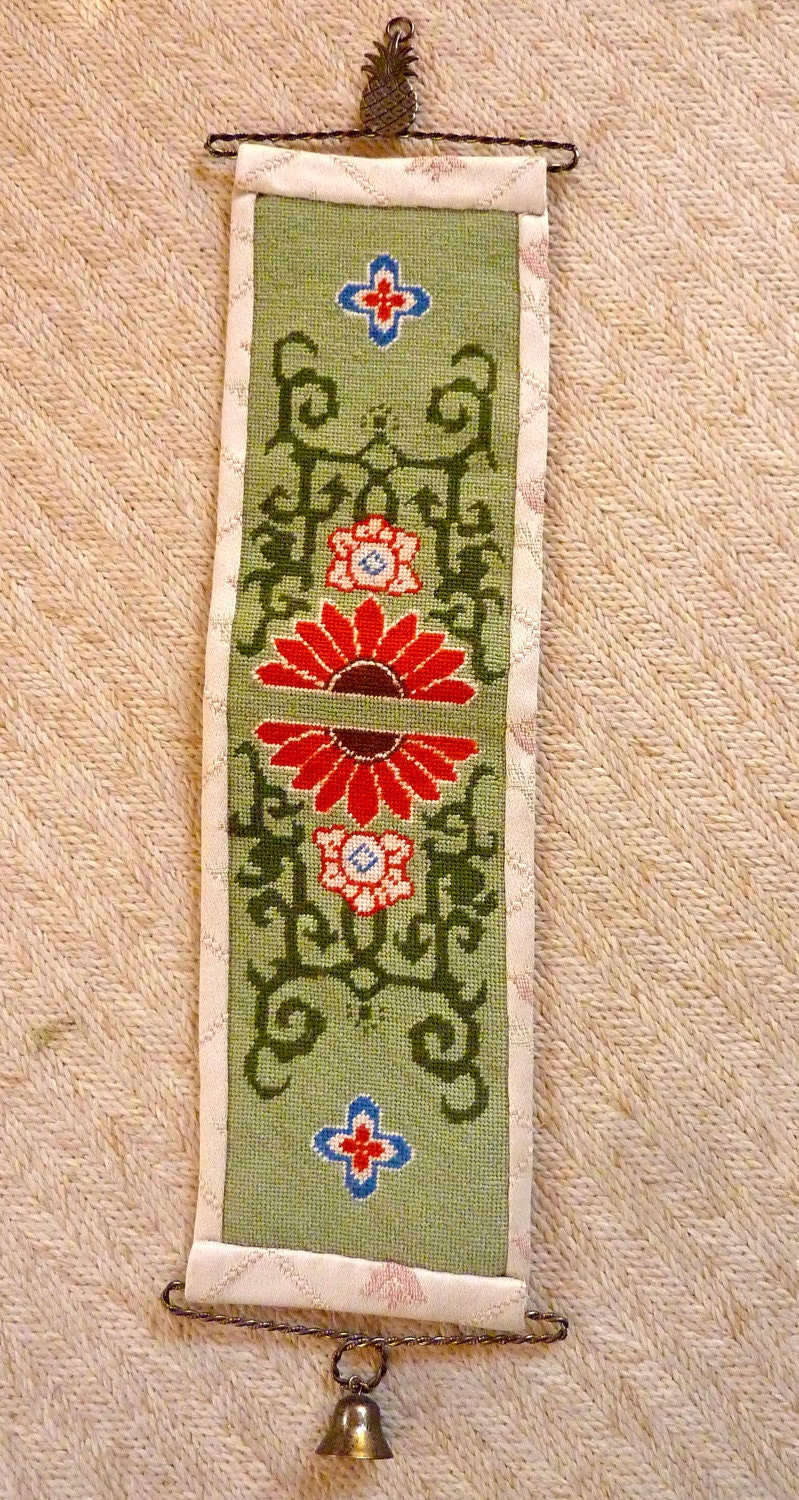 Vintage Needlepoint Bell Pull Asian Design by BonniesVintageAttic