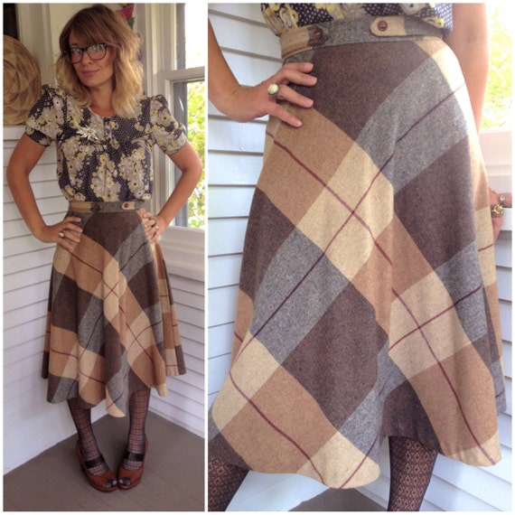 Vintage SKIRT size S wool skirt aline plaid earthy