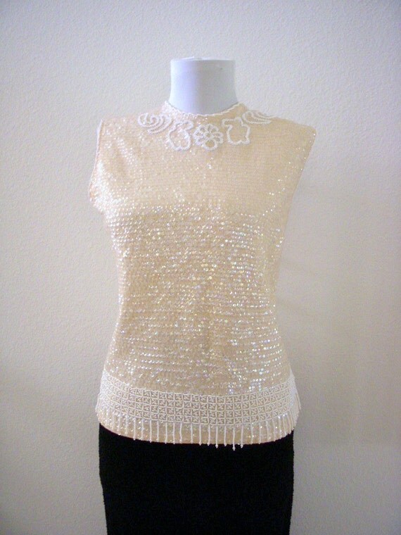 Vintage 50s Ivory Beaded Top Ivory Sequin Shell by OmAgainVintage