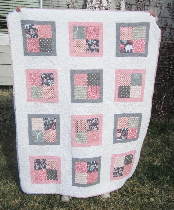 fresh modern baby quilt crib size girl pinks and grays