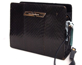 Serpentine, French Vintage, Black Leather Snakeskin, 1950s, Mad Men Style, Handbag from Paris
