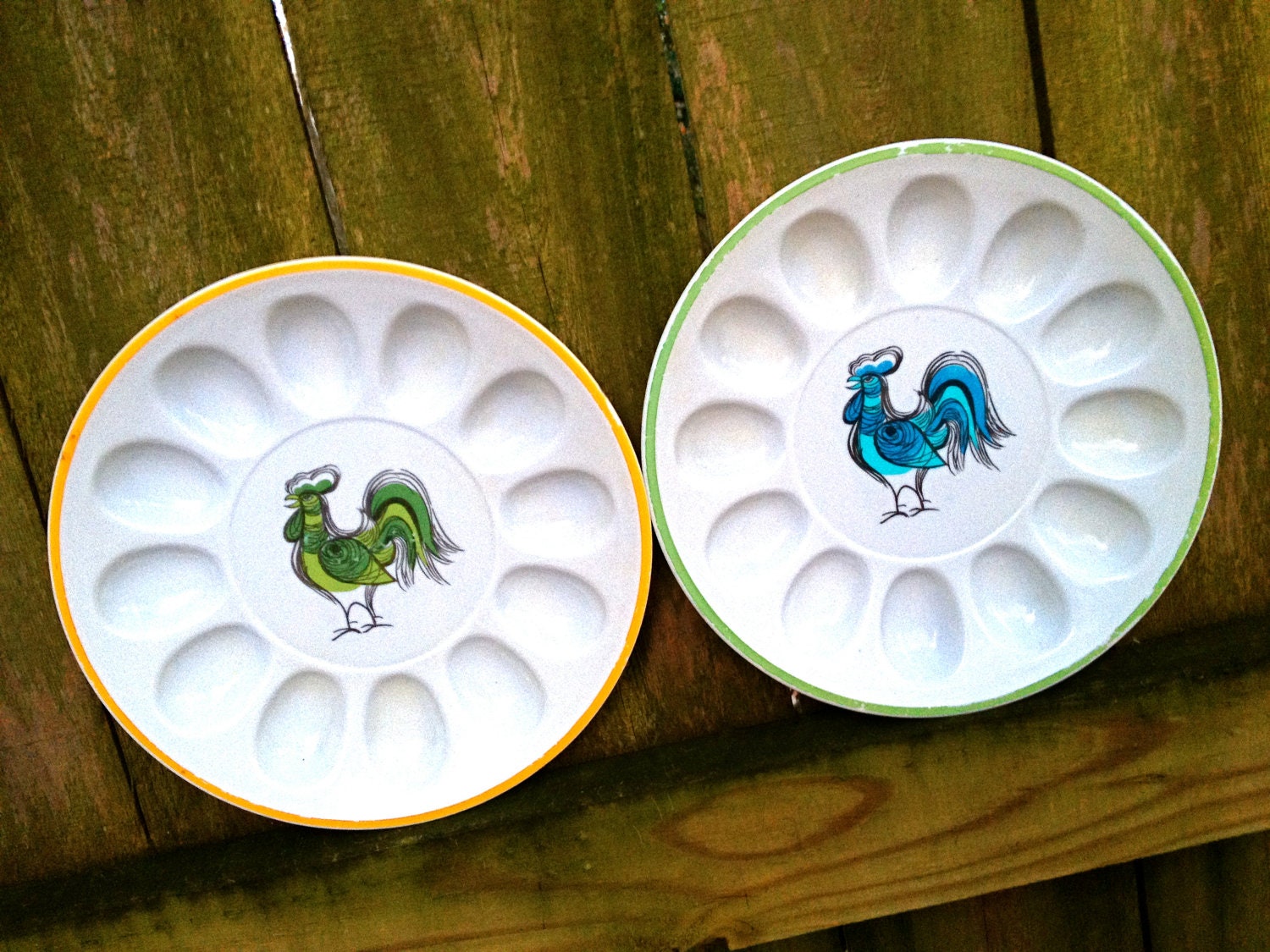 vintage egg plates mid century plastic rooster deviled by mkmack