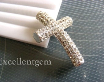 Rhinestone, Cross, sideway cross, 5 pcs High quality, Silver Plated with crystal rhinestone Bracelet Connector in Round tube - 27mm x 38mm