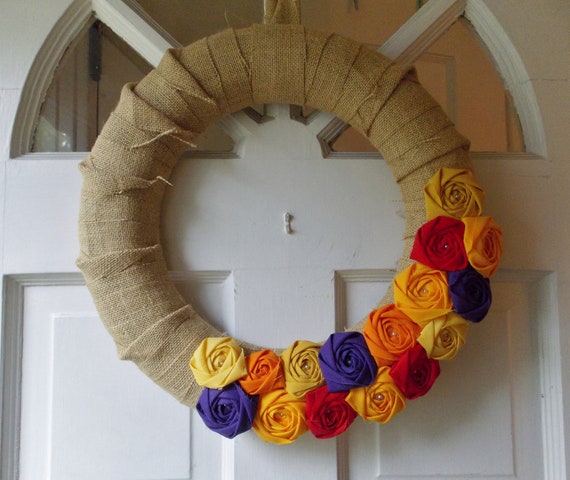 Thanksgiving Decor Burlap Fall Autumn Wreath Home Decor Rosette Wreath Handmade Fabric Flowers Plum Pumpkin Apple Red Mustard Yellow