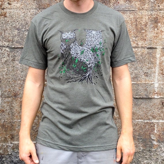 Two Owls T-shirt Men's American Apparel Heather Green Tee