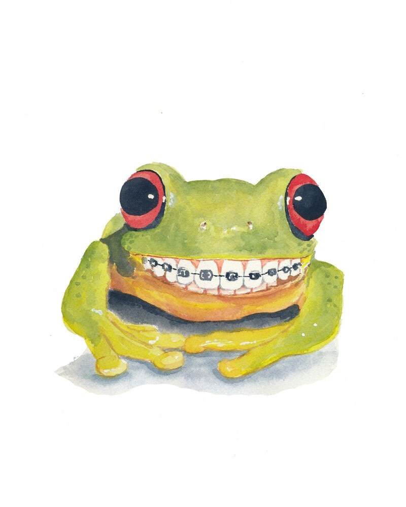 Original Frog Watercolour Painting Big Smile Braces Tree