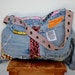 Recycled denim messenger bag, Sale priced, appliqued, ribbon, vintage labels, sized for Mac Book, upcycled belt strap, OOAK